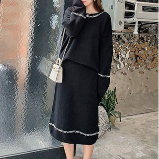 Set: Contrast Stitching Sweater + Knit Midi Skirt