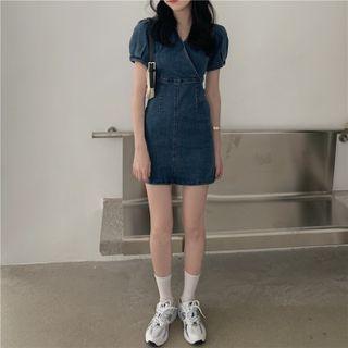 Puff-sleeve Tie-waist Denim Mini Sheath Dress