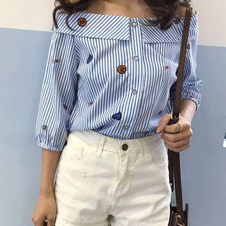 Pinstriped Off Shoulder Elbow-sleeve Blouse