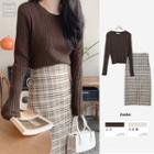 Plain Knit Top / Plaid Skirt