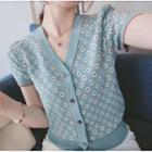 Short-sleeve Floral Print Cardigan Blue - One Size