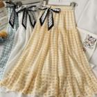 Ribbon-accent Checker Midi Skirt