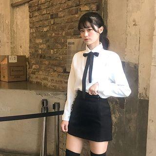Plain Long-sleeve Blouse With Ribbon