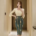 Set: Elbow-sleeve Boatneck Top + Print Midi Pencil Skirt