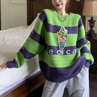 Lettering Applique Striped Sweater Green - One Size