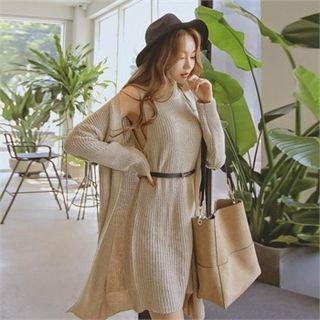 Set: Long Cardigan + Sleeveless Knit Dress With Belt