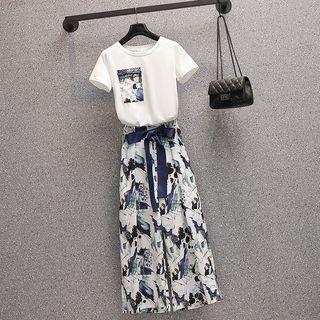 Set: Short-sleeve Abstract Print T-shirt + Midi A-line Skirt