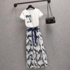 Set: Short-sleeve Abstract Print T-shirt + Midi A-line Skirt