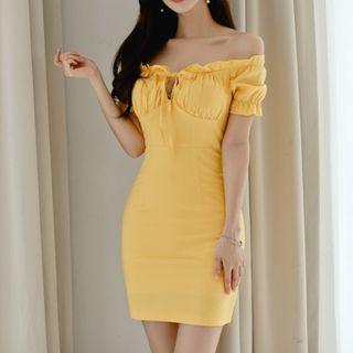 Off-shoulder Frill Trim Tie-front Mini Bodycon Dress