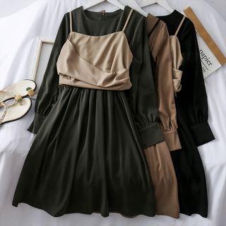 Set: Plain A-line Dress + Asymmetric Crop Top