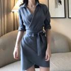 Tie-waist 3/4-sleeve Mini Collared Dress