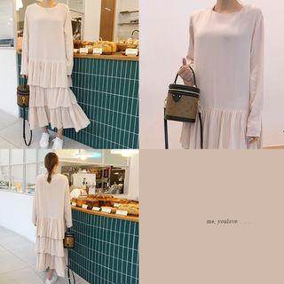 Round-neck Maxi Tiered Dress Pink - One Size