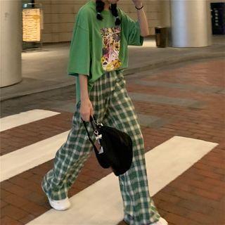 Plaid Wide-leg Pants Plaid - Green - One Size