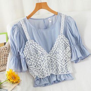 Mock Two-piece Crochet Lace Panel Blouse