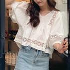 Lace Trim Puff-sleeve Blouse White - One Size