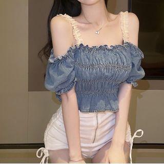 Short-sleeve Off-shoulder Denim Crop Top