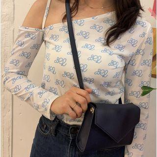Long-sleeve Round-neck One-shoulder Print Top