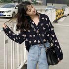 Long-sleeve Floral Blouse Blue - One Size