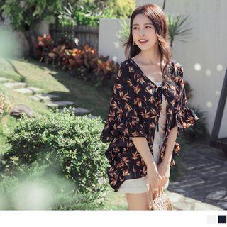 Set: Plain Camisole + Tie-front Printed Chiffon Top
