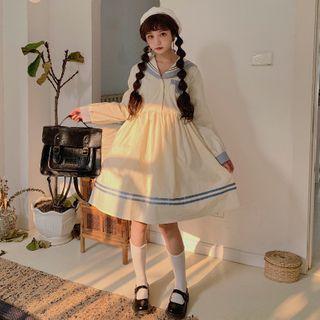 Long-sleeve Midi Sailor Collar A-line Dress White - One Size
