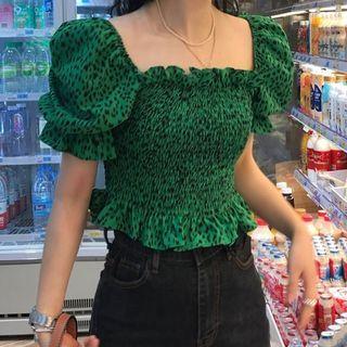 Puff-sleeve Square-neck Leopard Print Shirt Green - One Size
