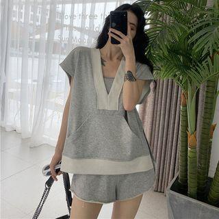 Set: V-neck Short Sleeve T-shirt + Camisole + Wide Leg Shorts
