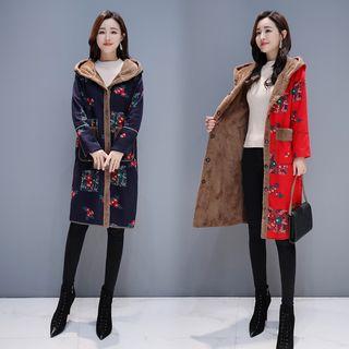 Floral Print Hooded Buttoned Coat