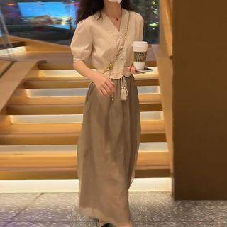V-neck Cropped Blouse / Midi A-line Skirt / Set