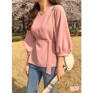 Puff-sleeve Long Blouse With Tie-belt