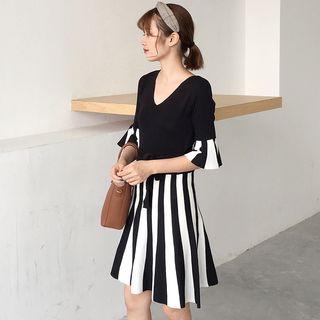 Striped Elbow-sleeve A-line Knit Dress