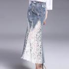 Lace Panel Long Denim Skirt