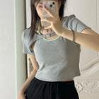 Short-sleeve Contrast Trim Mock Two Piece Crop T-shirt Gray - One Size