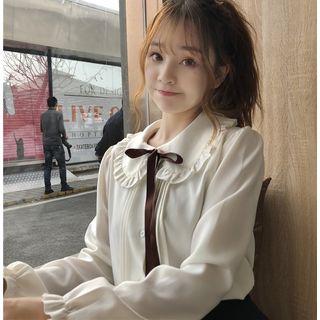 Bow Long-sleeve Blouse / Pleated Mini Skirt