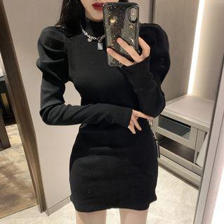 Puff-sleeve Mock-neck Midi Dress