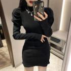 Puff-sleeve Mock-neck Midi Dress
