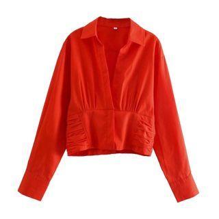 Long-sleeve V-neck Collared Overhead Shirt