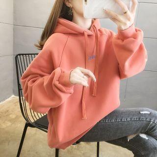 Lettering Embroidered Fleece-linen Hooded Sweatshirt