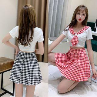 Set: Tie-neck Short-sleeve Cropped Top + Plaid Mini A-line Skirt