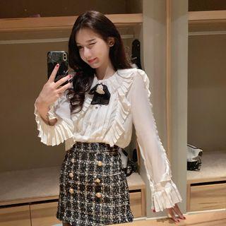 Pleat-trim Shirt / Button-detail Mini A-line Tweed Skirt