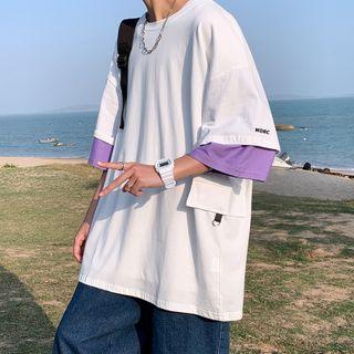 Elbow-sleeve Mock Two-tone T-shirt