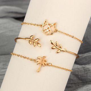 Set Of 3: Tree & Cat Bracelet / Branches Open Bangle (various Designs) Gold - One Size