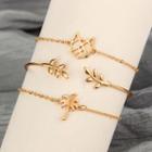 Set Of 3: Tree & Cat Bracelet / Branches Open Bangle (various Designs) Gold - One Size