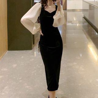 Two-tone Balloon-sleeve Midi A-line Dress