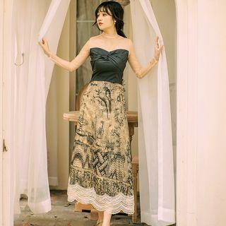 Set: Long-sleeve Mesh Paneled Polka Dot Top + Printed Lace Trim A-line Midi Skirt