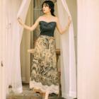 Set: Long-sleeve Mesh Paneled Polka Dot Top + Printed Lace Trim A-line Midi Skirt
