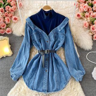 Inset Mock Neck Top Denim Dress