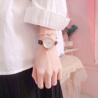 Set: Faux Leather Cartoon Print Strap Watch + Moon Bracelet