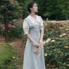 Set: Puff-sleeve Blouse + Gingham Midi A-line Overall Dress