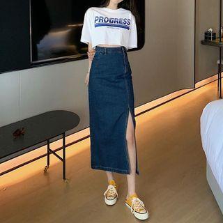 Short-sleeve Lettering Cropped T-shirt / Slit Midi Pencil Skirt