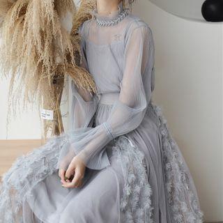 Set: Mock-neck Long-sleeve Top + Camisole + Feather Detail Midi A-line Skirt